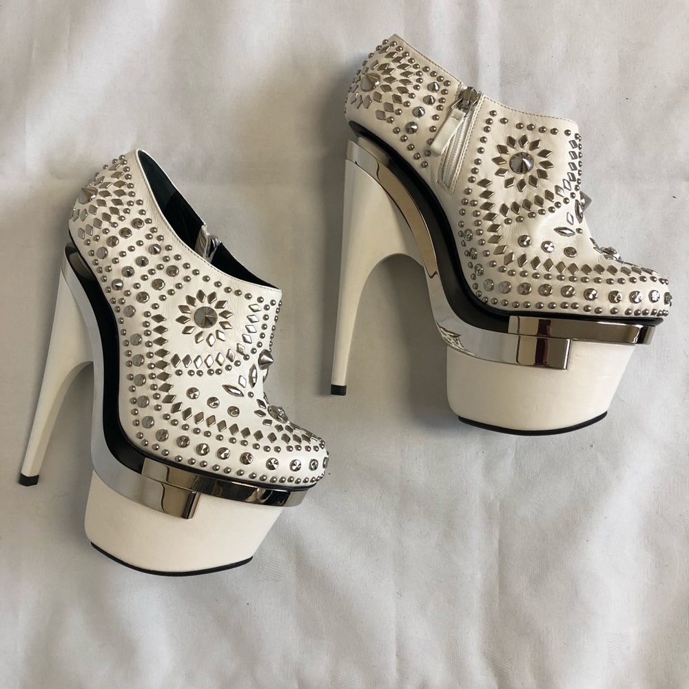 Versace Booties White Studs Triple Platform Silver